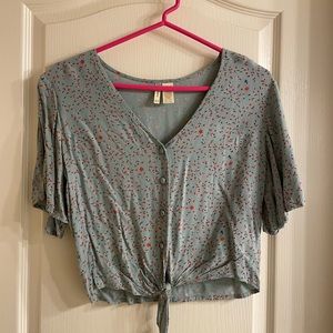 Baby blue flowery tie front top